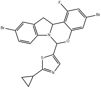 6H-Indolo[1,2-c][1,3]benzoxazine, 3,10-dibromo-6-(2-cyclopropyl-5-thiazolyl)-1-fluoro-12,12a-dihydro- Structure