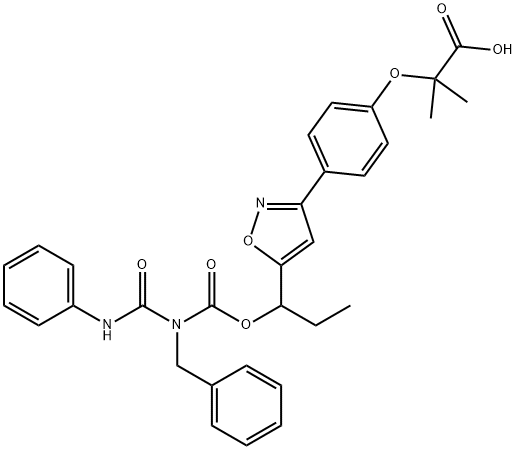 Propanoic acid, 2-methyl-2-[4-[5-[1-[[[[(phenylamino)carbonyl](phenylmethyl)amino]carbonyl]oxy]propyl]-3-isoxazolyl]phenoxy]- Structure