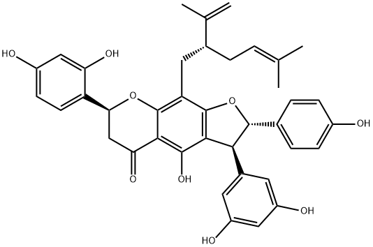 5H-Furo[3,2-g][1]benzopyran-5-one, 7-(2,4-dihydroxyphenyl)-3-(3,5-dihydroxyphenyl)-2,3,6,7-tetrahydro-4-hydroxy-2-(4-hydroxyphenyl)-9-[(2R)-5-methyl-2-(1-methylethenyl)-4-hexenyl]-, (2S,3S,7S)- 구조식 이미지