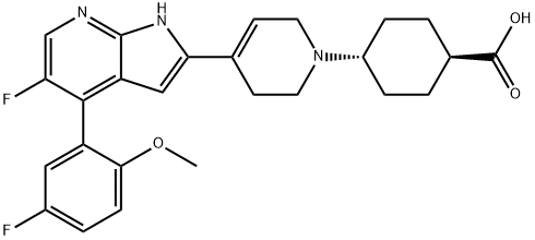 Cyclohexanecarboxylic acid, 4-[4-[5-fluoro-4-(5-fluoro-2-methoxyphenyl)-1H-pyrrolo[2,3-b]pyridin-2-yl]-3,6-dihydro-1(2H)-pyridinyl]-, trans- 구조식 이미지