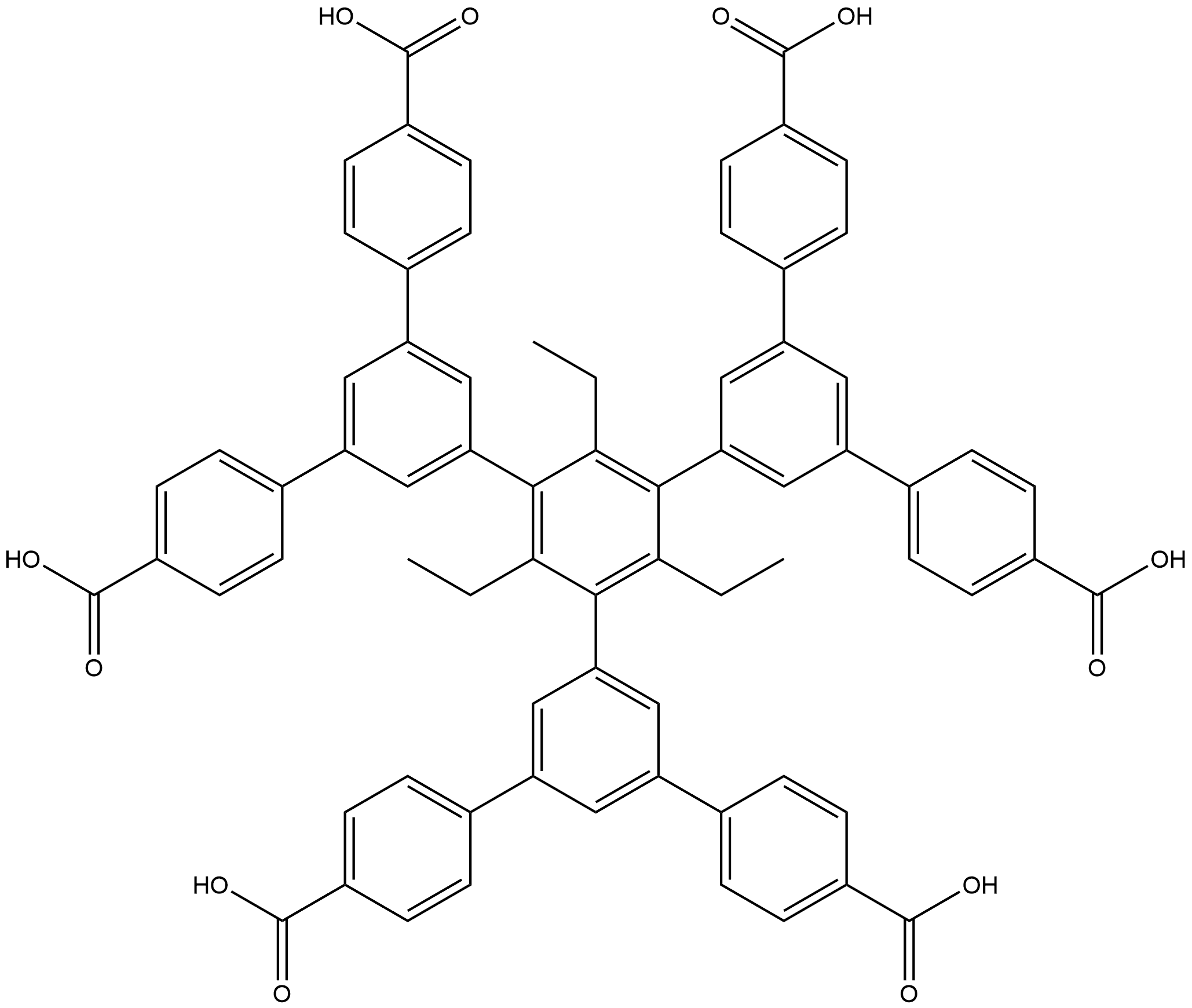 5',5'''-bis(4-carboxyphenyl)-5''-(4,4''-dicarboxy-[1,1':3',1''-terphenyl]-5'-yl)-2'',4'',6''-triethyl-[1,1':3',1'':3'',1''':3''',1''''-quinquephenyl]-4,4''''-dicarboxylic acid Structure