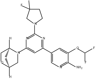 2-Pyridinamine, 3-(difluoromethoxy)-5-[2-(3,3-difluoro-1-pyrrolidinyl)-6-(1S,4S)-2-oxa-5-azabicyclo[2.2.1]hept-5-yl-4-pyrimidinyl]- Structure