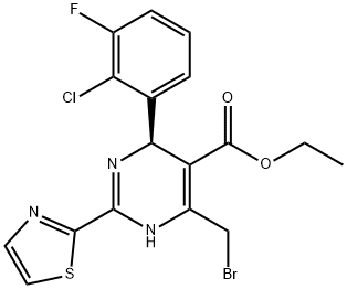 5-Pyrimidinecarboxylic acid, 6-(bromomethyl)-4-(2-chloro-3-fluorophenyl)-1,4-dihydro-2-(2-thiazolyl)-, ethyl ester, (4R)- Structure