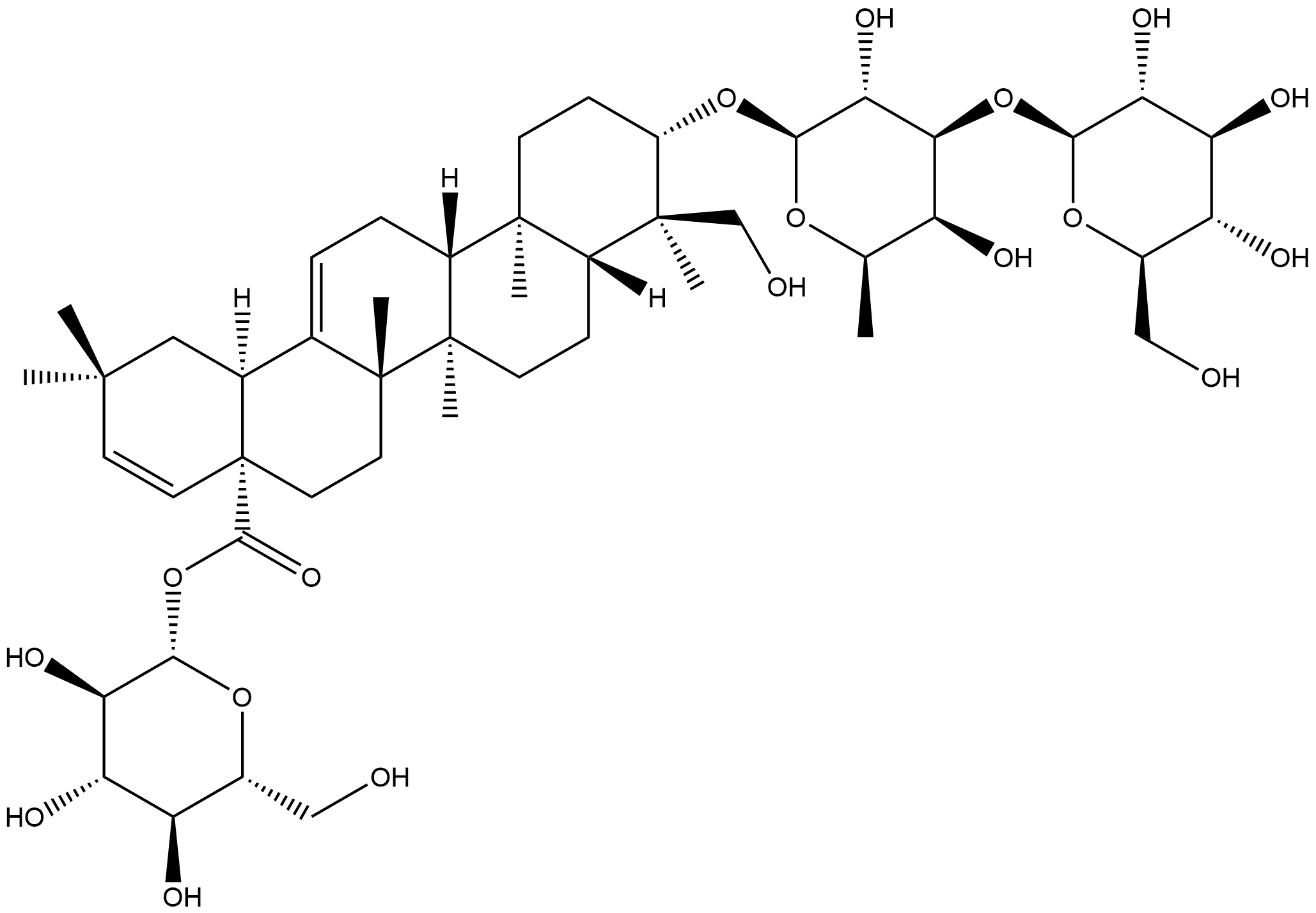 Oleana-12,21-dien-28-oic acid, 3-[(6-deoxy-3-O-β-D-glucopyranosyl-β-D-galactopyranosyl)oxy]-23-hydroxy-, β-D-glucopyranosyl ester, (3β,4α)- (9CI) Structure