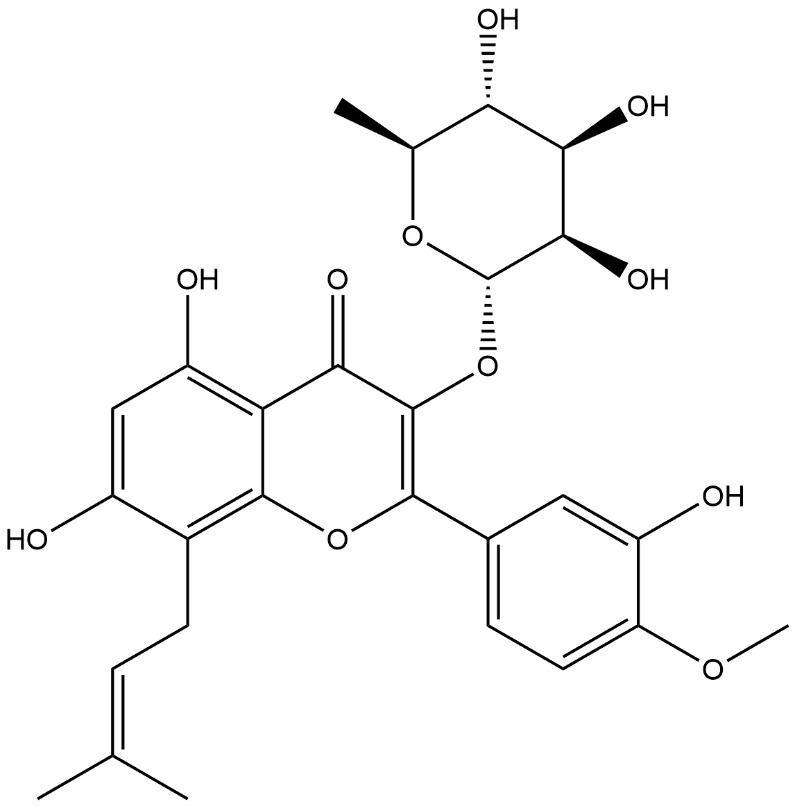 4H-1-Benzopyran-4-one, 3-[(6-deoxy-α-L-mannopyranosyl)oxy]-5,7-dihydroxy-2-(3-hydroxy-4-methoxyphenyl)-8-(3-methyl-2-buten-1-yl)- Structure