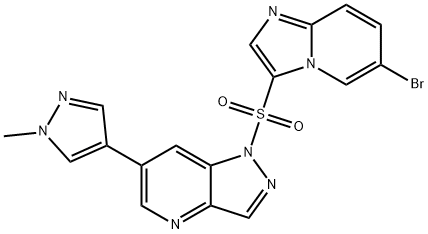 1H-Pyrazolo[4,3-b]pyridine, 1-[(6-bromoimidazo[1,2-a]pyridin-3-yl)sulfonyl]-6-(1-methyl-1H-pyrazol-4-yl)- Structure