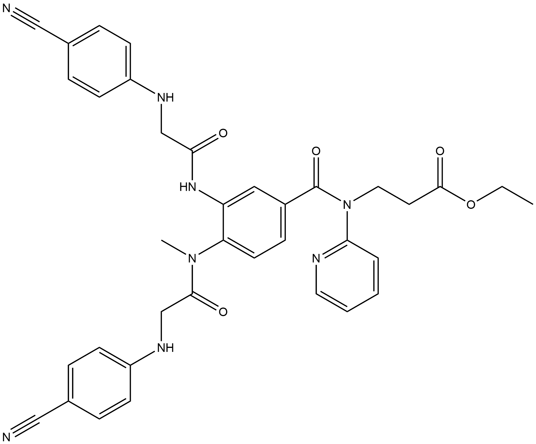 Propanoic acid, 3-[[3-[[2-[(4-cyanophenyl)amino]acetyl]amino]-4-[[2-[(4-cyanophenyl)amino]acetyl]methylamino]benzoyl]-2-pyridinylamino]-, ethyl ester Structure