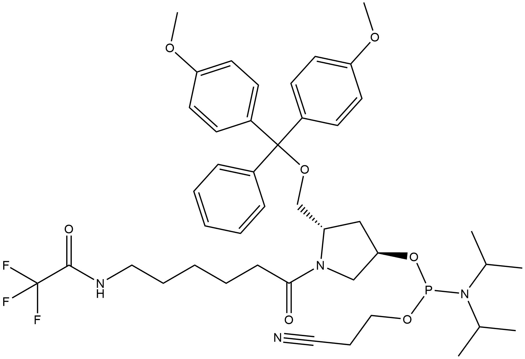 Phosphoramidous acid, N,N-bis(1-methylethyl)-, (3R,5S)-5-[[bis(4-methoxyphenyl)phenylmethoxy]methyl]-1-[1-oxo-6-[(2,2,2-trifluoroacetyl)amino]hexyl]-3-pyrrolidinyl 2-cyanoethyl ester Structure