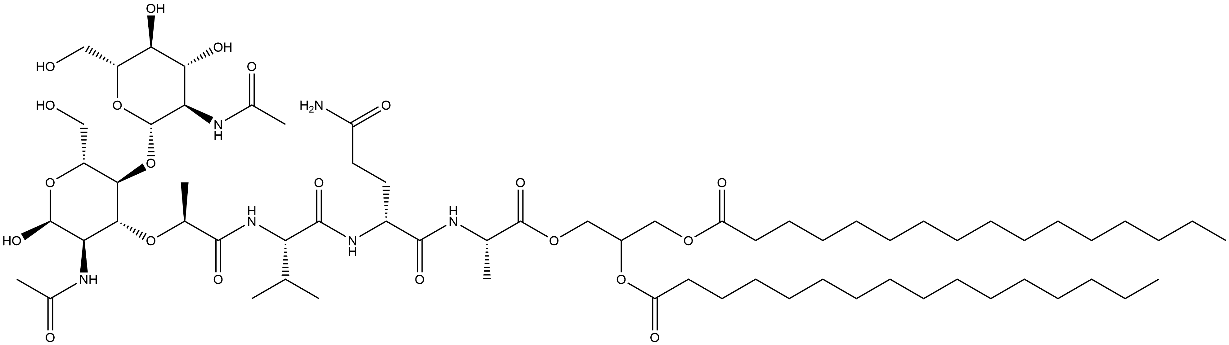 (S)-N-[N2-[N-[N-acetyl-4-O-[2-(acetylamino)-2-deoxy-β-D-glucopyranosyl]muramoyl]-L-valyl]-D-α-glutaminyl]-L-Alanine 2,3-bis[(1-oxohexadecyl)oxy]propyl ester Structure