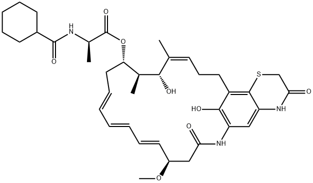 D-Alanine, N-(cyclohexylcarbonyl)-, (10R,11E,13E,15E,18S,19R,20R,21Z)-3,4,7,8,9,10,17,18,19,20,23,24-dodecahydro-20,26-dihydroxy-10-methoxy-19,21-dimethyl-3,8-dioxo-2H-6,25-metheno-1,4-thiazino[3,2-d]azacyclotricosin-18-yl ester 구조식 이미지