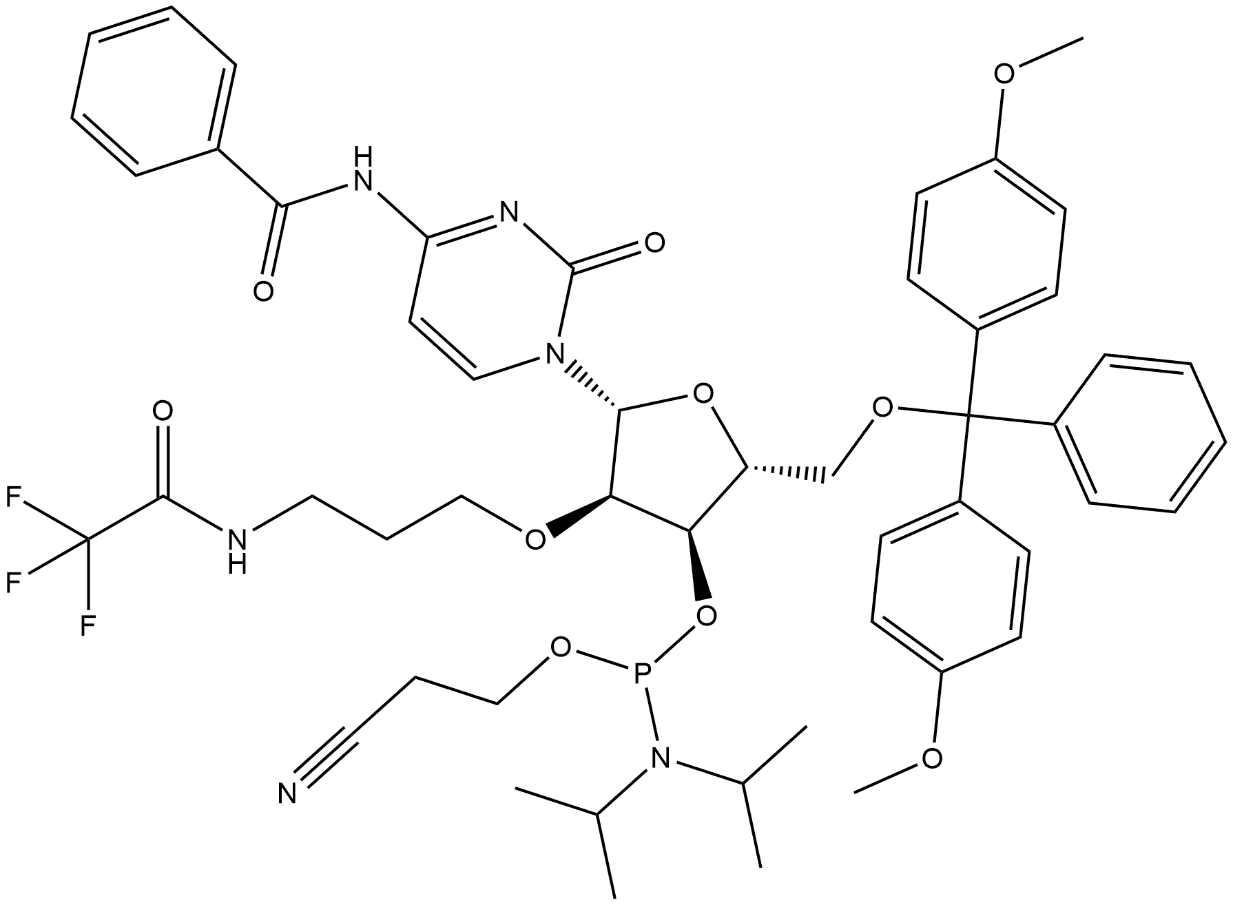 Cytidine, N-benzoyl-5'-O-[bis(4-methoxyphenyl)phenylmethyl]-2'-O-[3-[(trifluoroacetyl)amino]propyl]-, 3'-[2-cyanoethyl bis(1-methylethyl)phosphoramidite] (9CI) 구조식 이미지