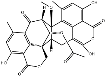 7H-8,15b-Methano-1H,3H,12H-benzo[de]cyclohepta[1,2-g:3,4,5-d'e']bis[2]benzopyran-3,7,12-trione, 16-(acetyloxy)-8,8a,15,15a-tetrahydro-4,11,14-trihydroxy-8a-methoxy-6,9-dimethyl-, (8S,8aS,15aR,15bR,16S)- Structure