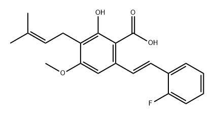 Benzoic acid, 6-[(1E)-2-(2-fluorophenyl)ethenyl]-2-hydroxy-4-methoxy-3-(3-methyl-2-buten-1-yl)- Structure