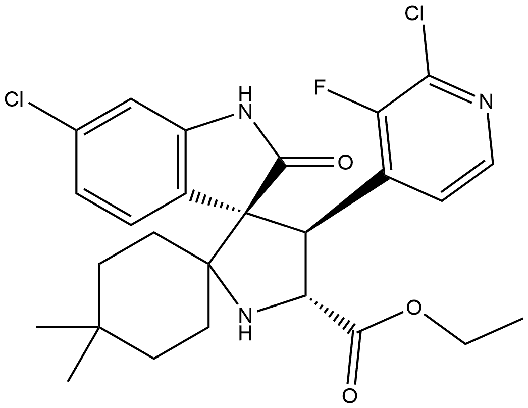 ethyl (3'R,4'S,5'R)-6''-chloro-4'-(2-chloro-3-fluoropyridin-4-yl)-4,4-dimethyl-2''-oxodispiro[cyclohexane-1,2'-pyrrolidine-3',3''-indoline]-5'-carboxylate Structure