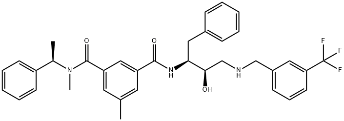 1,3-Benzenedicarboxamide, N3-[(1S,2R)-2-hydroxy-1-(phenylmethyl)-3-[[[3-(trifluoromethyl)phenyl]methyl]amino]propyl]-N1,5-dimethyl-N1-[(1R)-1-phenylethyl]- Structure