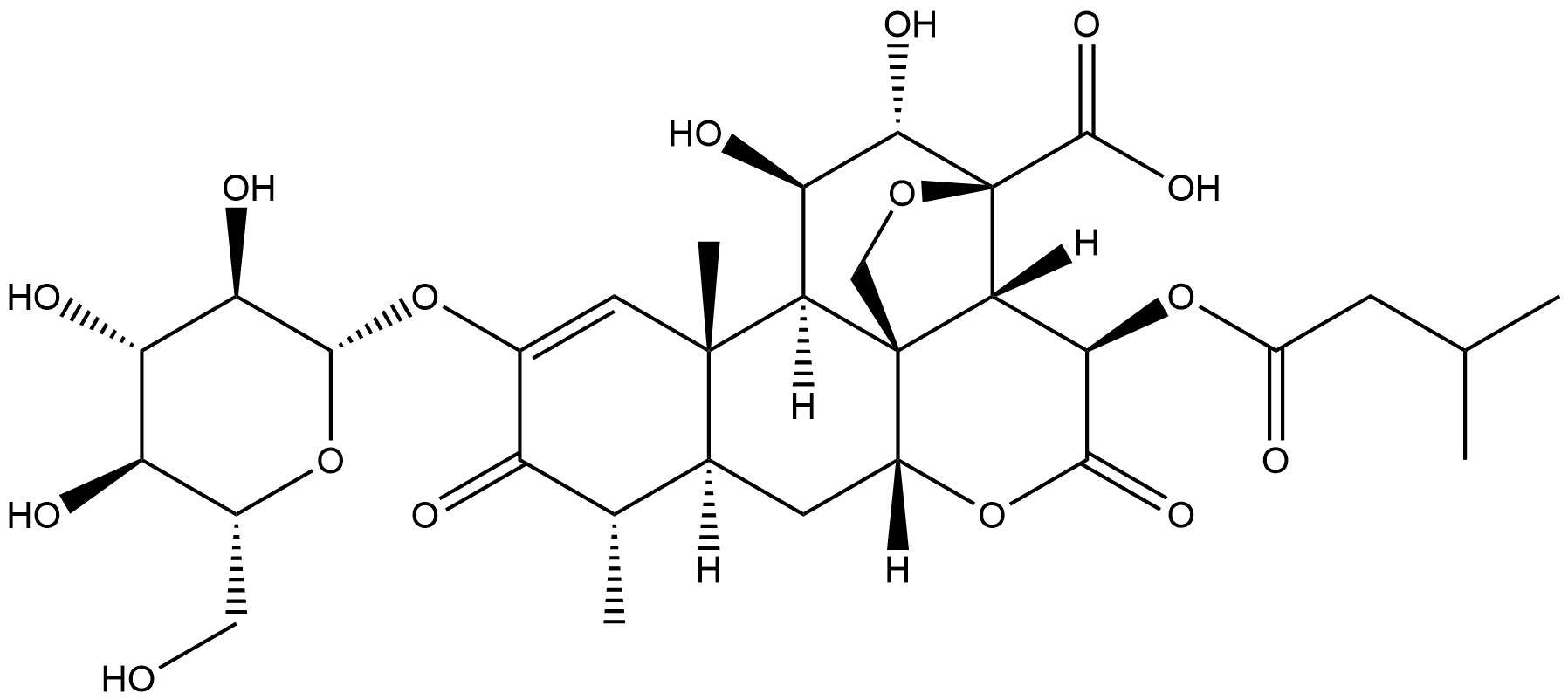 Picras-1-en-21-oic acid, 13,20-epoxy-2-(β-D-glucopyranosyloxy)-11,12-dihydroxy-15-(3-methyl-1-oxobutoxy)-3,16-dioxo-, (11β,12α,15β)- 구조식 이미지