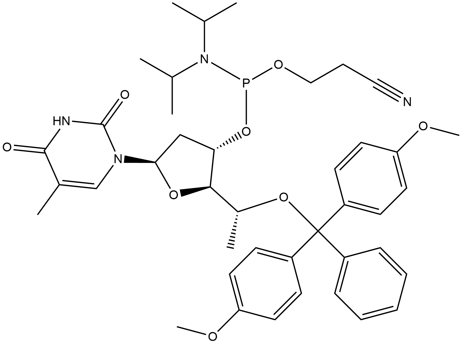 2,4(1H,3H)-Pyrimidinedione, 1-[5-O-[bis(4-methoxyphenyl)phenylmethyl]-3-O-[[bis(1-methylethyl)amino](2-cyanoethoxy)phosphino]-2,6-dideoxy-β-D-ribo-hexofuranosyl]-5-methyl- Structure