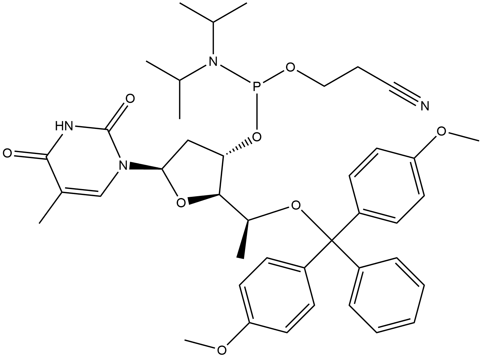 2,4(1H,3H)-Pyrimidinedione, 1-[5-O-[bis(4-methoxyphenyl)phenylmethyl]-3-O-[[bis(1-methylethyl)amino](2-cyanoethoxy)phosphino]-2,6-dideoxy-α-L-lyxo-hexofuranosyl]-5-methyl- Structure