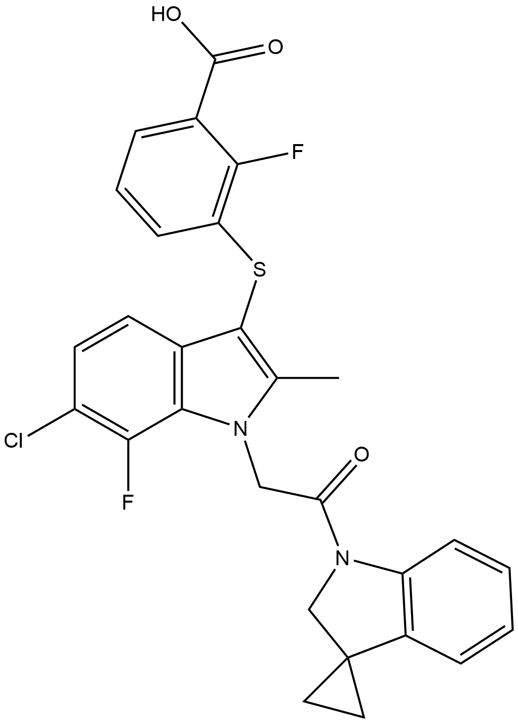 3-[[6-Chloro-7-fluoro-2-methyl-1-[2-oxo-2-(spiro[cyclopropane-1,3′-indolin]-1′-yl)ethyl]-1H-indol-3-yl]thio]-2-fluorobenzoic acid Structure