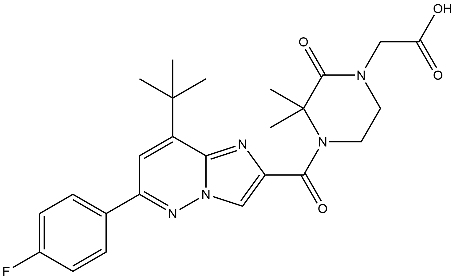 4-[[8-(1,1-Dimethylethyl)-6-(4-fluorophenyl)imidazo[1,2-b]pyridazin-2-yl]carbonyl]-3,3-dimethyl-2-oxo-1-piperazineacetic acid Structure