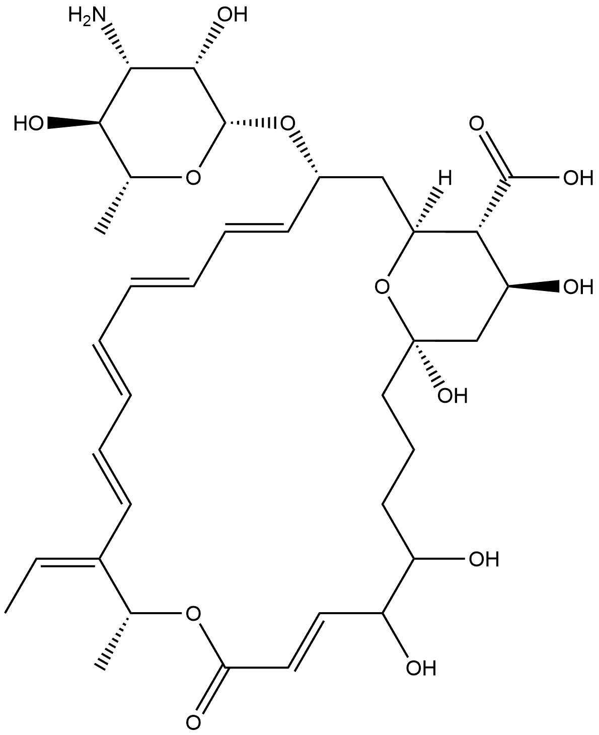 10,27-Dioxabicyclo[21.3.1]heptacosa-7,13,15,17,19-pentaene-24-carboxylic acid, 21-[(3-amino-3,6-dideoxy-β-D-mannopyranosyl)oxy]-12-ethylidene-1,5,6,25-tetrahydroxy-11-methyl-9-oxo-, (1R,7E,11R,12Z,13E,15E,17E,19E,21R,23S,24R,25S)- Structure