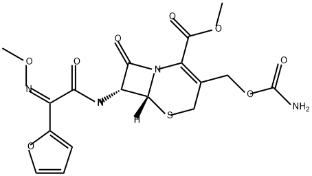 5-Thia-1-azabicyclo[4.2.0]oct-2-ene-2-carboxylic acid, 3-[[(aminocarbonyl)oxy]methyl]-7-[[(2Z)-2-(2-furanyl)-2-(methoxyimino)acetyl]amino]-8-oxo-, methyl ester, (6R,7R)- 구조식 이미지