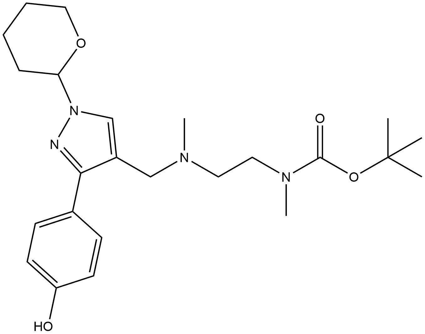 Carbamic acid, N-[2-[[[3-(4-hydroxyphenyl)-1-(tetrahydro-2H-pyran-2-yl)-1H-pyrazol-4-yl]methyl]methylamino]ethyl]-N-methyl-, 1,1-dimethylethyl ester Structure