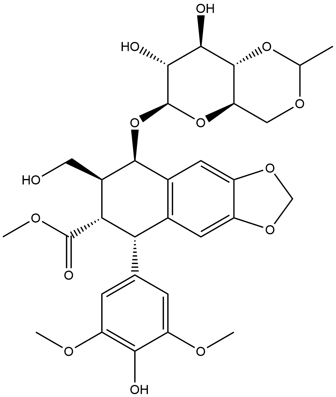 Naphtho[2,3-d]-1,3-dioxole-6-carboxylic acid, 8-[(4,6-O-ethylidene-β-D-glucopyranosyl)oxy]-5,6,7,8-tetrahydro-5-(4-hydroxy-3,5-dimethoxyphenyl)-7-(hydroxymethyl)-, methyl ester, [5R-[5α,6α,7β,8β(R*)]]- (9CI) Structure