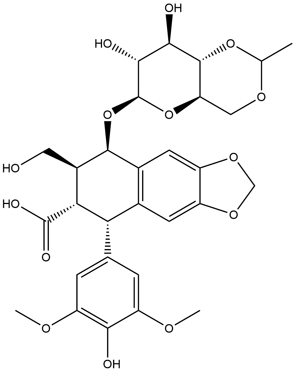 Naphtho[2,3-d]-1,3-dioxole-6-carboxylic acid, 8-[(4,6-O-ethylidene-β-D-glucopyranosyl)oxy]-5,6,7,8-tetrahydro-5-(4-hydroxy-3,5-dimethoxyphenyl)-7-(hydroxymethyl)-, [5R-[5α,6α,7β,8β(R*)]]- (9CI) Structure