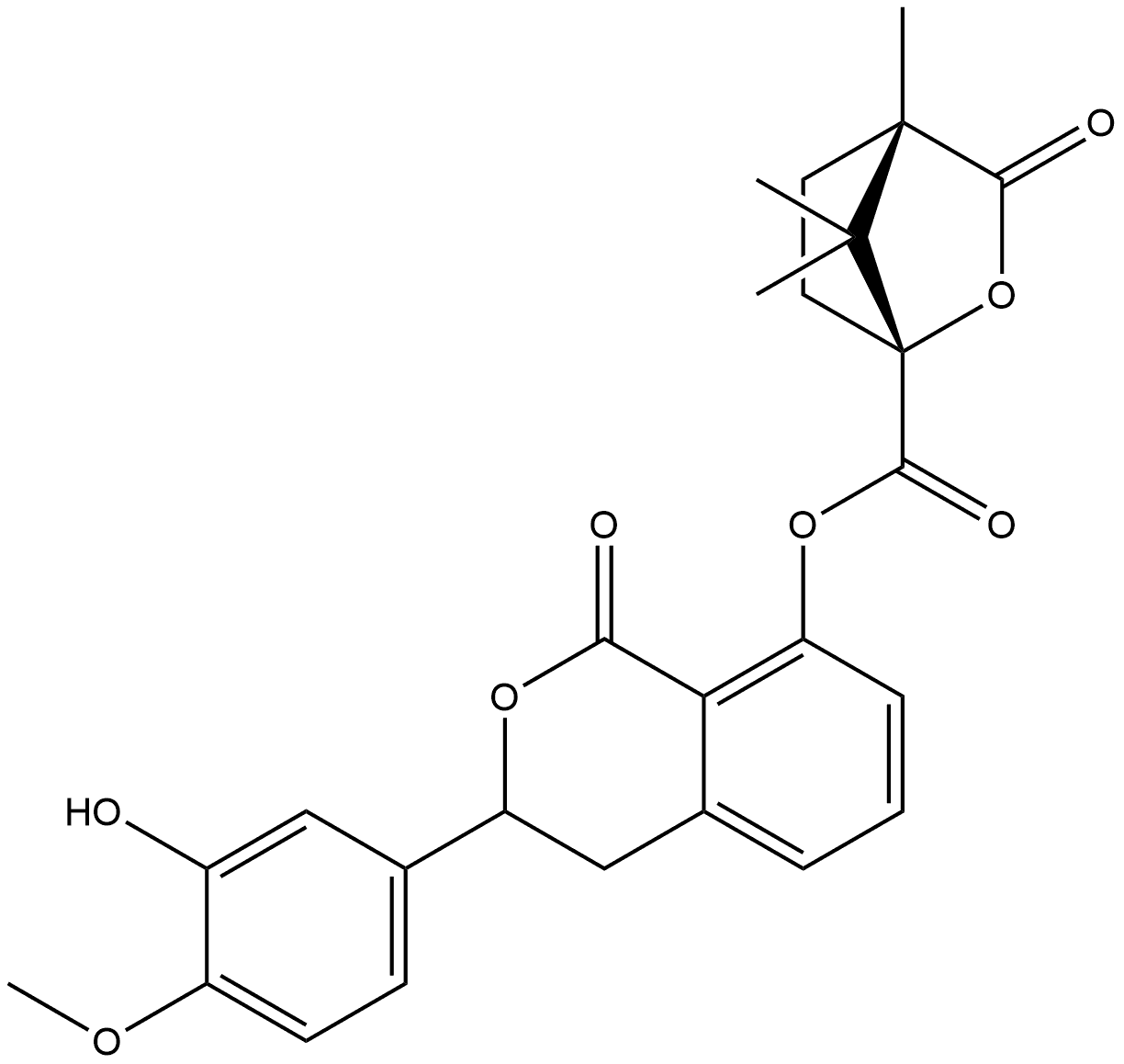 2-Oxabicyclo[2.2.1]heptane-1-carboxylic acid, 4,7,7-trimethyl-3-oxo-, 3,4-dihydro-3-(3-hydroxy-4-methoxyphenyl)-1-oxo-1H-2-benzopyran-8-yl ester, [1R-[1α(R*),4β]]- (9CI) 구조식 이미지