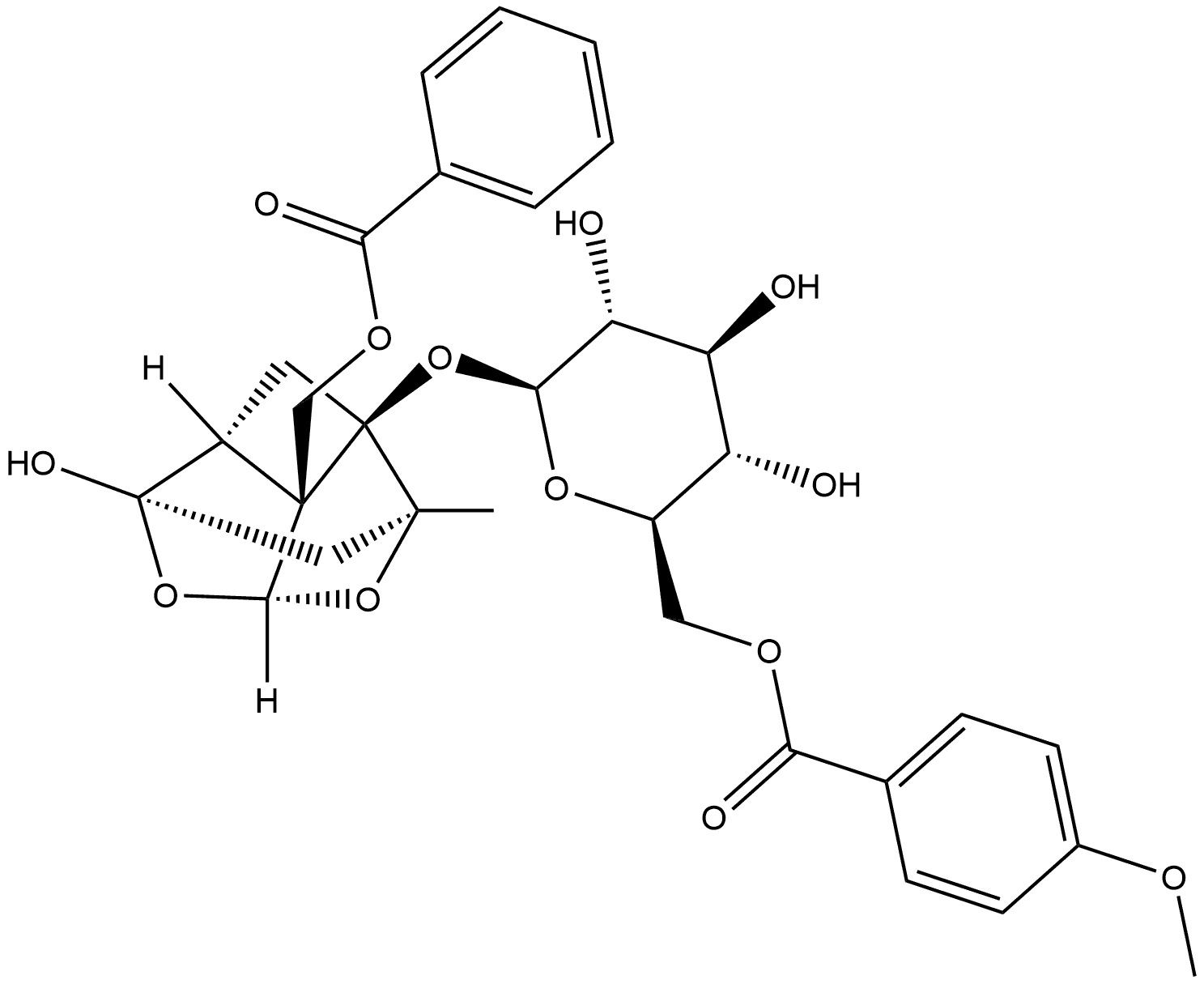 β-D-Glucopyranoside, (1aR,2S,3aR,5R,5aR,5bS)-5b-[(benzoyloxy)methyl]tetrahydro-5-hydroxy-2-methyl-2,5-methano-1H-3,4-dioxacyclobuta[cd]pentalen-1a(2H)-yl, 6-(4-methoxybenzoate) Structure