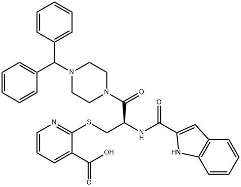 3-Pyridinecarboxylic acid, 2-[[(2R)-3-[4-(diphenylmethyl)-1-piperazinyl]-2-[(1H-indol-2-ylcarbonyl)amino]-3-oxopropyl]thio]- (9CI) Structure