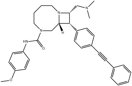 1,6-Diazabicyclo[6.2.0]decane-6-carboxamide, 10-[(dimethylamino)methyl]-N-(4-methoxyphenyl)-9-[4-(2-phenylethynyl)phenyl]-, (8R,9S,10S)- 구조식 이미지