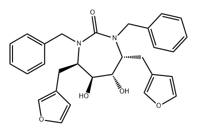 2H-1,3-Diazepin-2-one, 4,7-bis(3-furanylmethyl)hexahydro-5,6-dihydroxy-1,3-bis(phenylmethyl)-, (4R,5S,6S,7R)- 구조식 이미지