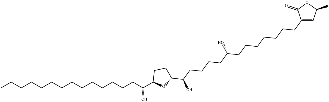 2(5H)-Furanone, 3-[(8R,13R)-8,13-dihydroxy-13-[(2R,5R)-tetrahydro-5-[(1R)-1-hydroxypentadecyl]-2-furanyl]tridecyl]-5-methyl-, (5S)- 구조식 이미지