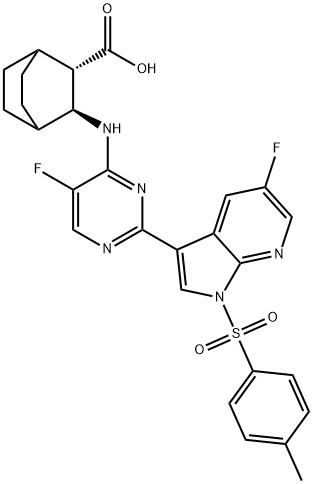 Bicyclo[2.2.2]octane-2-carboxylic acid, 3-[[5-fluoro-2-[5-fluoro-1-[(4-methylphenyl)sulfonyl]-1H-pyrrolo[2,3-b]pyridin-3-yl]-4-pyrimidinyl]amino]-, (2S,3S)- Structure