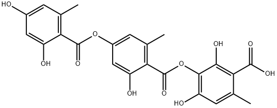 Benzoic acid, 4-[(2,4-dihydroxy-6-methylbenzoyl)oxy]-2-hydroxy-6-methyl-, 3-carboxy-2,6-dihydroxy-4-methylphenyl ester Structure