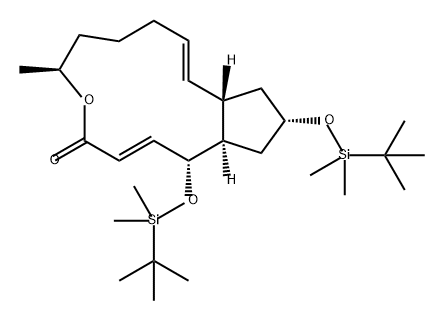 4H-Cyclopent[f]oxacyclotridecin-4-one, 1,13-bis[[(1,1-dimethylethyl)dimethylsilyl]oxy]-1,6,7,8,9,11a,12,13,14,14a-decahydro-6-methyl-, (1R,2E,6S,10E,11aS,13S,14aR)- 구조식 이미지