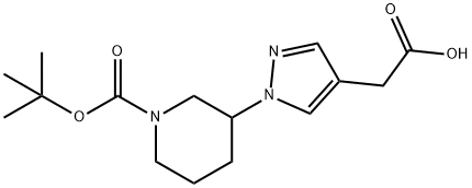 1-Piperidinecarboxylic acid, 3-[4-(carboxymethyl)-1H-pyrazol-1-yl]-, 1-(1,1-dimethylethyl) ester Structure