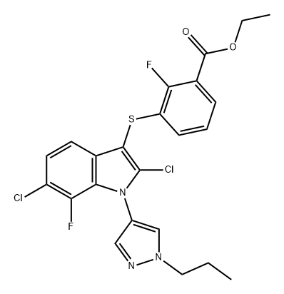 Benzoic acid, 3-[[2,6-dichloro-7-fluoro-1-(1-propyl-1H-pyrazol-4-yl)-1H-indol-3-yl]thio]-2-fluoro-, ethyl ester Structure