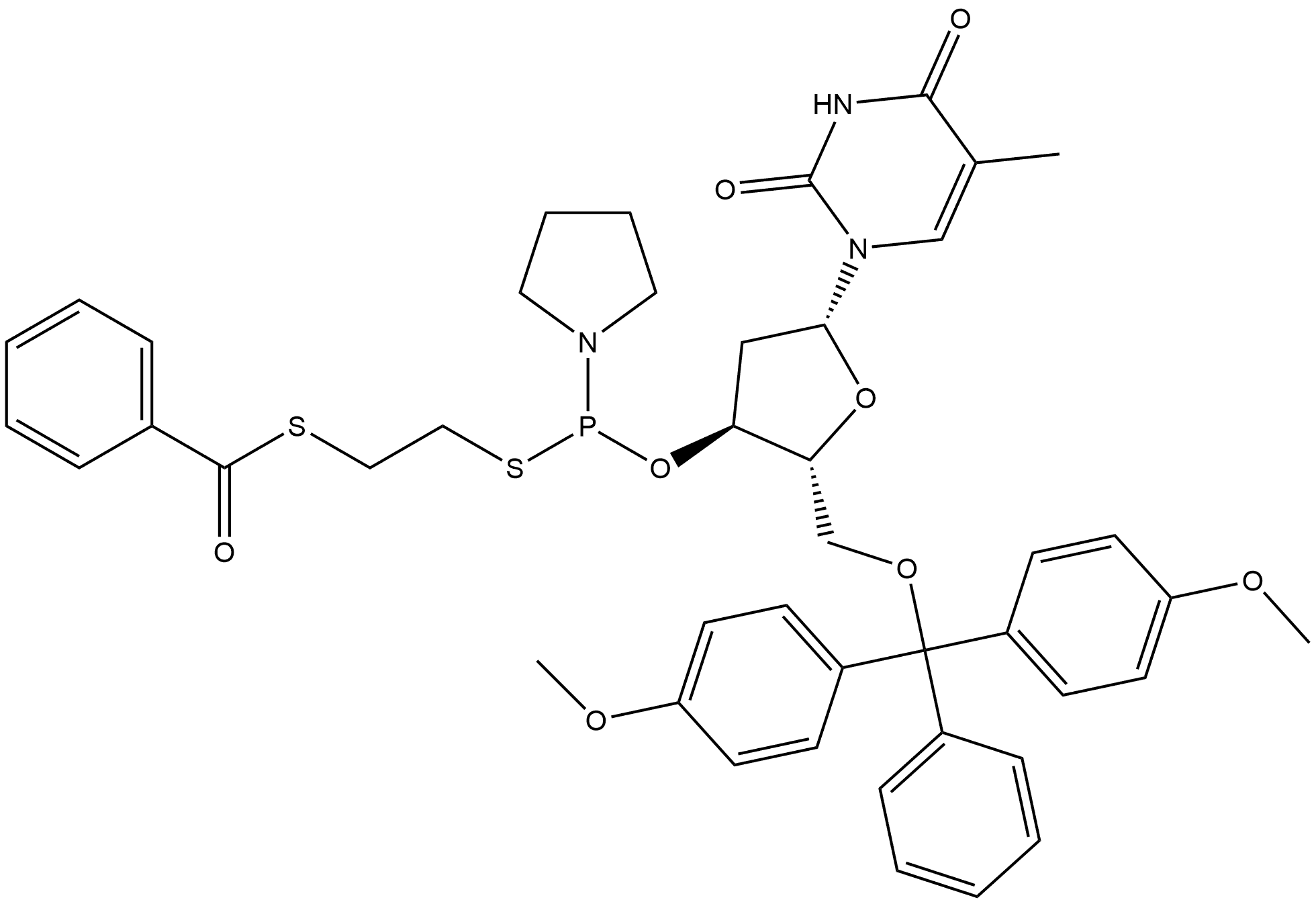 Thymidine, 5'-O-[bis(4-methoxyphenyl)phenylmethyl]-, 3'-[S-[2-(benzoylthio)ethyl] P-1-pyrrolidinylphosphonothioite] Structure