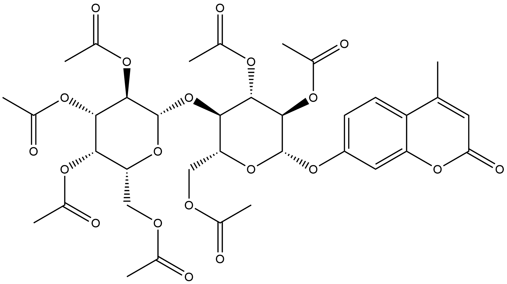 2H-1-Benzopyran-2-one, 4-methyl-7-[[2,3,6-tri-O-acetyl-4-O-(2,3,4,6-tetra-O-acetyl-β-D-galactopyranosyl)-β-D-glucopyranosyl]oxy]- 구조식 이미지