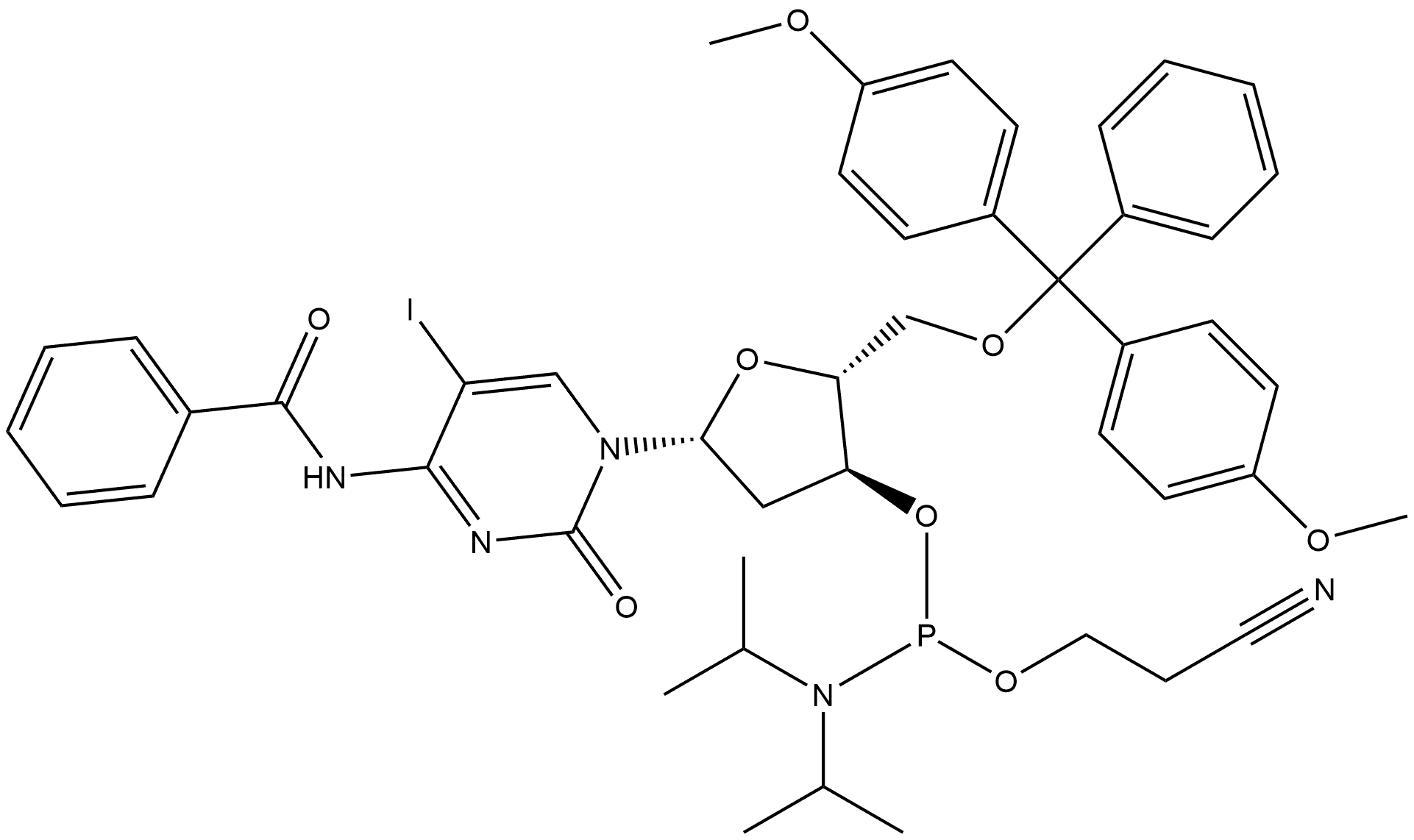 Cytidine, N-benzoyl-5'-O-[bis(4-methoxyphenyl)phenylmethyl]-2'-deoxy-5-iodo-, 3'-[2-cyanoethyl bis(1-methylethyl)phosphoramidite] (9CI) Structure