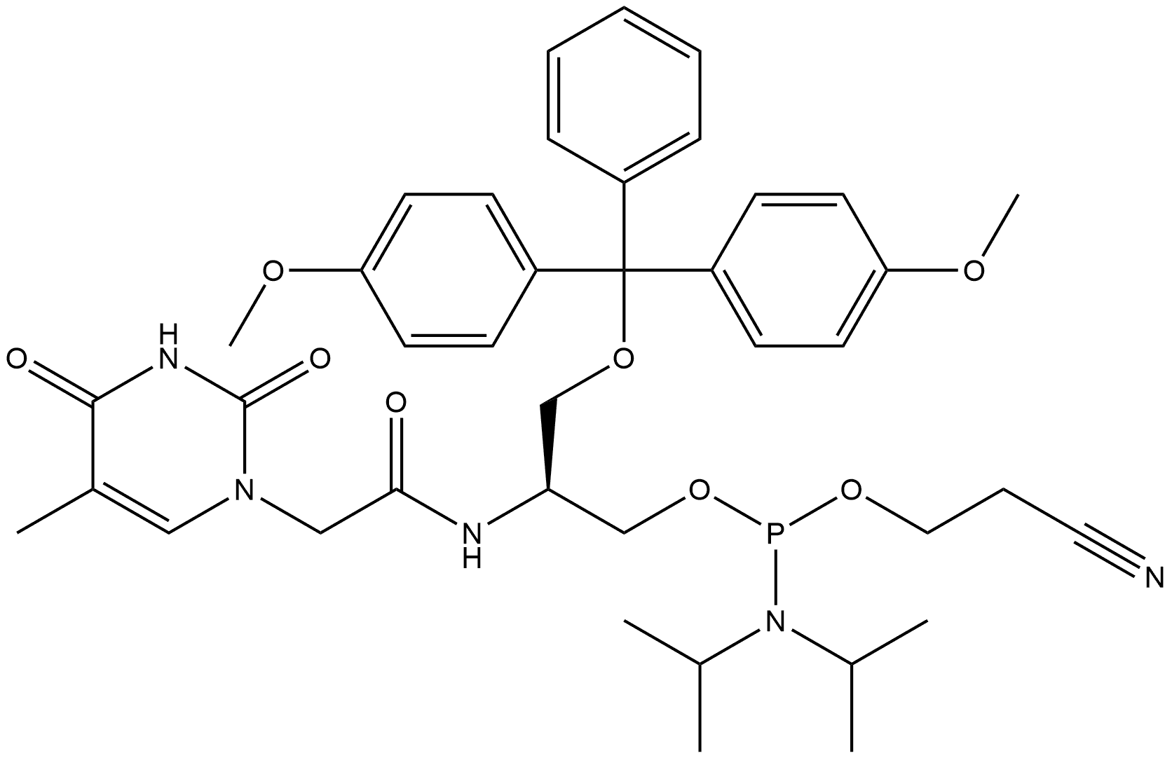 Phosphoramidous acid, N,N-bis(1-methylethyl)-, (2S)-3-[bis(4-methoxyphenyl)phenylmethoxy]-2-[[2-(3,4-dihydro-5-methyl-2,4-dioxo-1(2H)-pyrimidinyl)acetyl]amino]propyl 2-cyanoethyl ester Structure