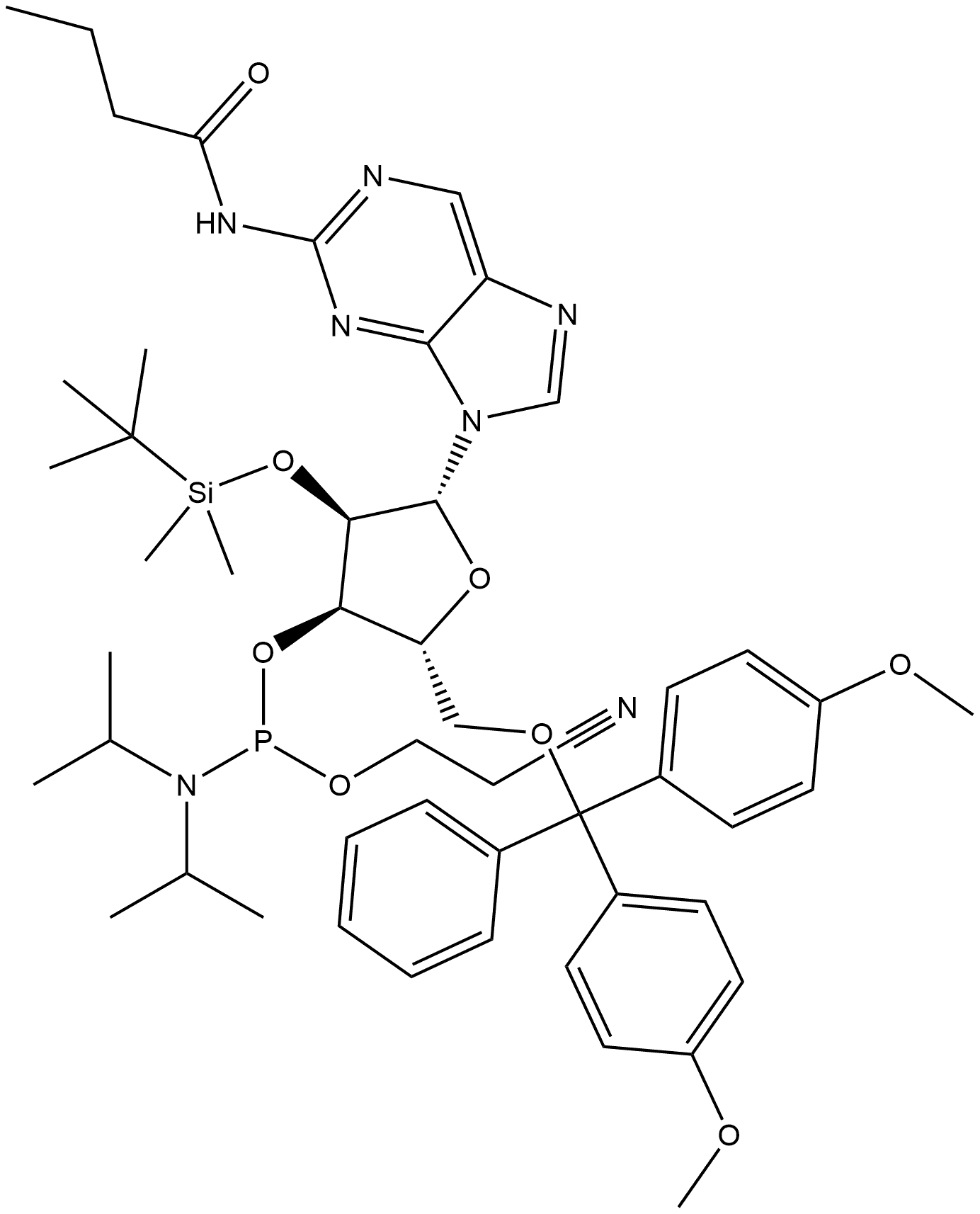 2-Isobutyrylamino-9-(2'-O-tert-butyldimethylsilyl-5'-O-DMT-b-D-ribofuranosyl)purine 3'-CE phosphoramidite 구조식 이미지