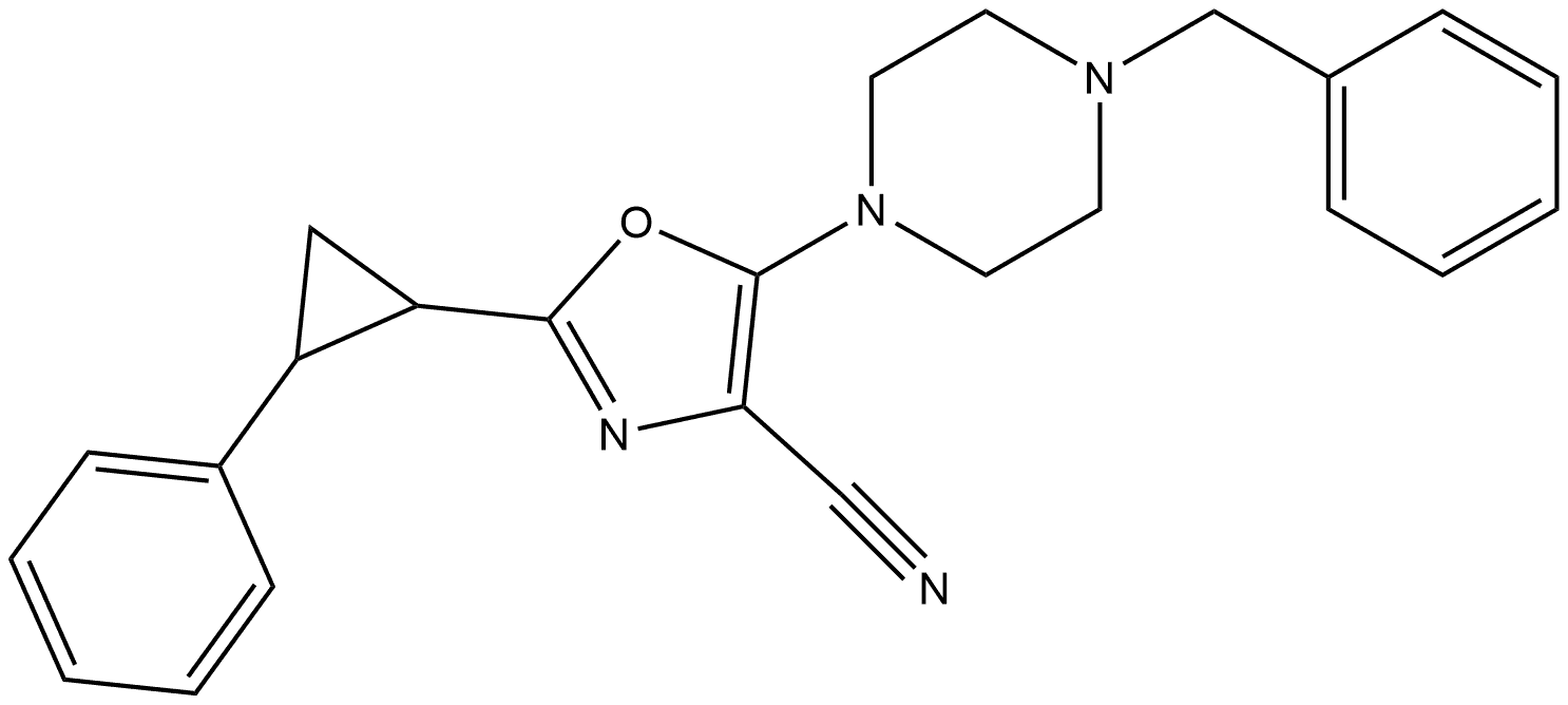 2-(2-Phenylcyclopropyl)-5-[4-(phenylmethyl)-1-piperazinyl]-4-oxazolecarbonitrile Structure