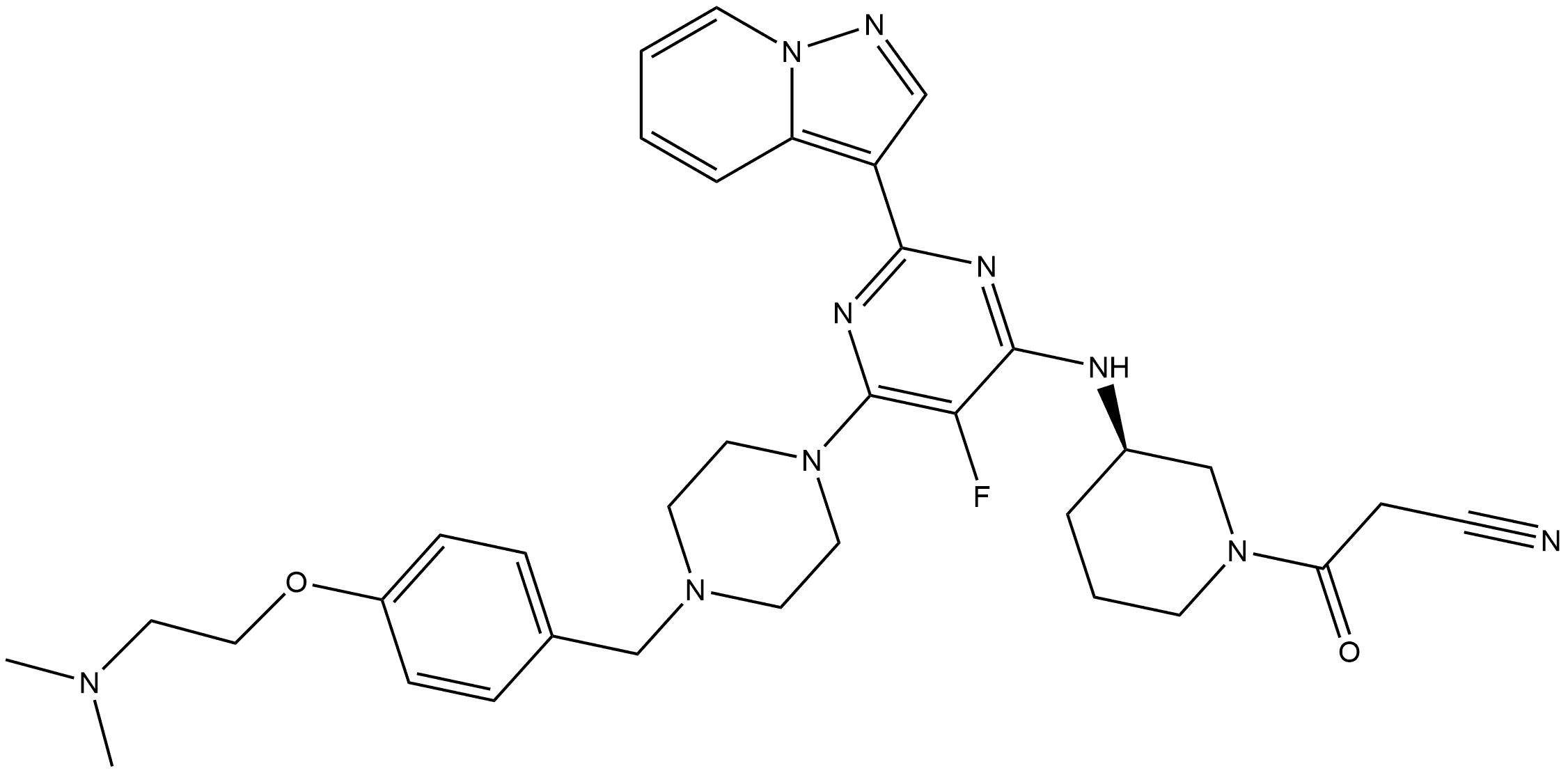 1-Piperidinepropanenitrile, 3-[[6-[4-[[4-[2-(dimethylamino)ethoxy]phenyl]methyl]-1-piperazinyl]-5-fluoro-2-pyrazolo[1,5-a]pyridin-3-yl-4-pyrimidinyl]amino]-β-oxo-, (3R)- Structure