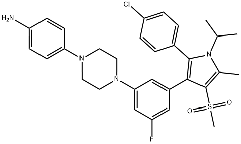 4-(4-(3-(2-(4-chlorophenyl)-1-isopropyl-5-methyl-4-(methylsulfonyl)-1H-pyrrol-3-yl)-5-fluorophenyl)piperazin-1-yl)aniline Structure