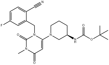 Carbamic acid, N-[(3R)-1-[3-[(2-cyano-5-fluorophenyl)methyl]-1,2,3,6-tetrahydro-1-methyl-2,6-dioxo-4-pyrimidinyl]-3-piperidinyl]-, 1,1-dimethylethyl ester Structure