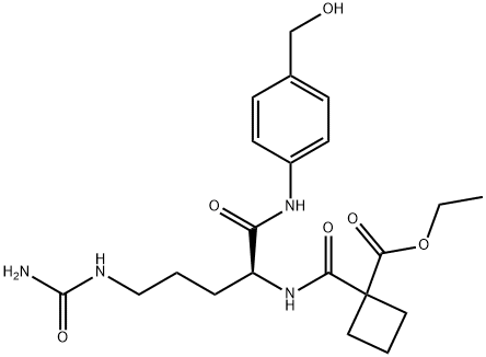 Cyclobutanecarboxylic acid, 1-[[[(1S)-4-[(aminocarbonyl)amino]-1-[[[4-(hydroxymethyl)phenyl]amino]carbonyl]butyl]amino]carbonyl]-, ethyl ester Structure